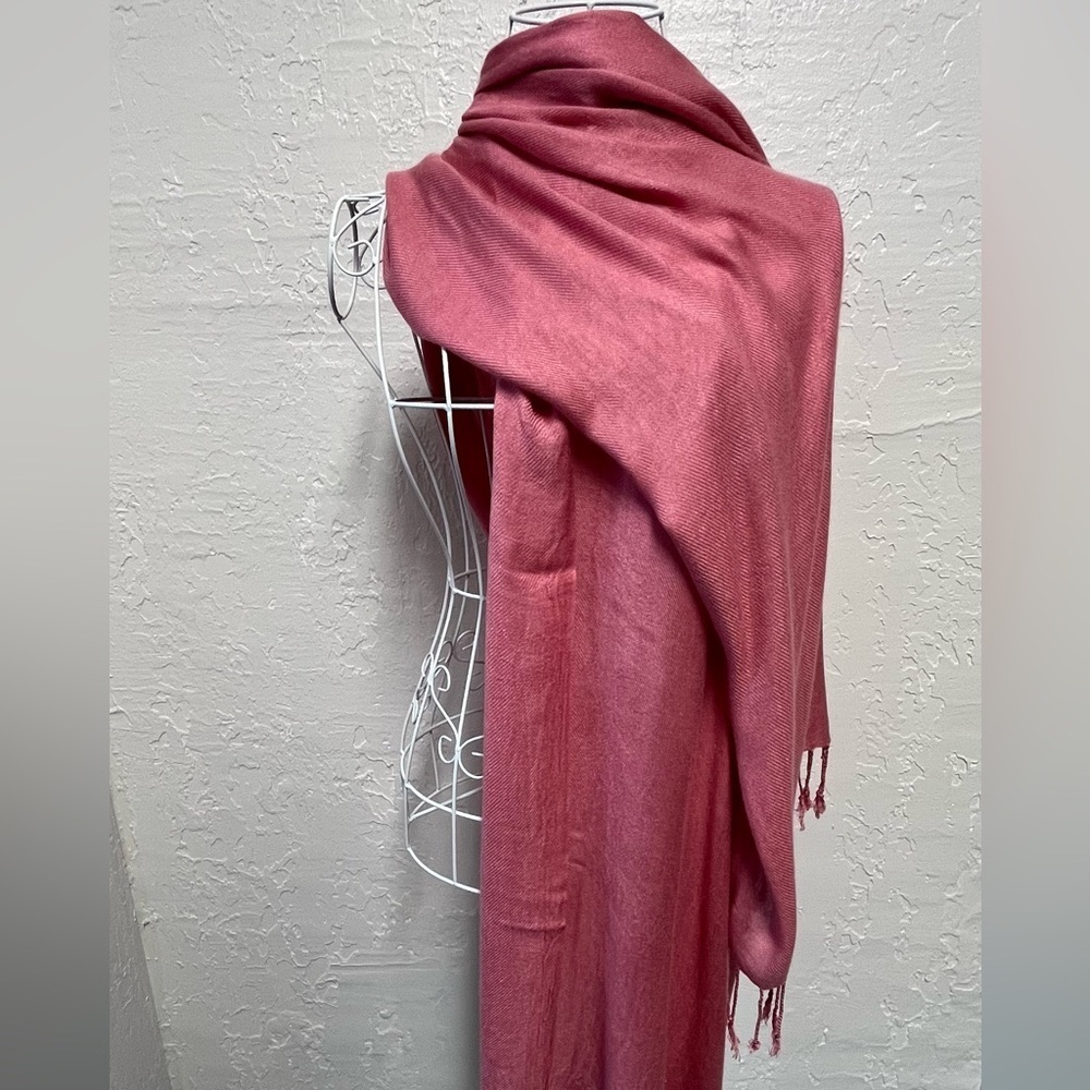 Vintage Pink Mauve Viscose Scarf with Fringe - 27” x 72”